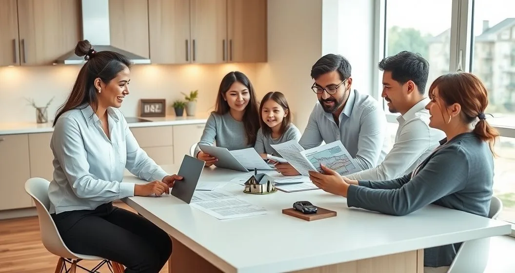 Insurance advisor and family review home and auto policies at a kitchen island with a model house and laptop