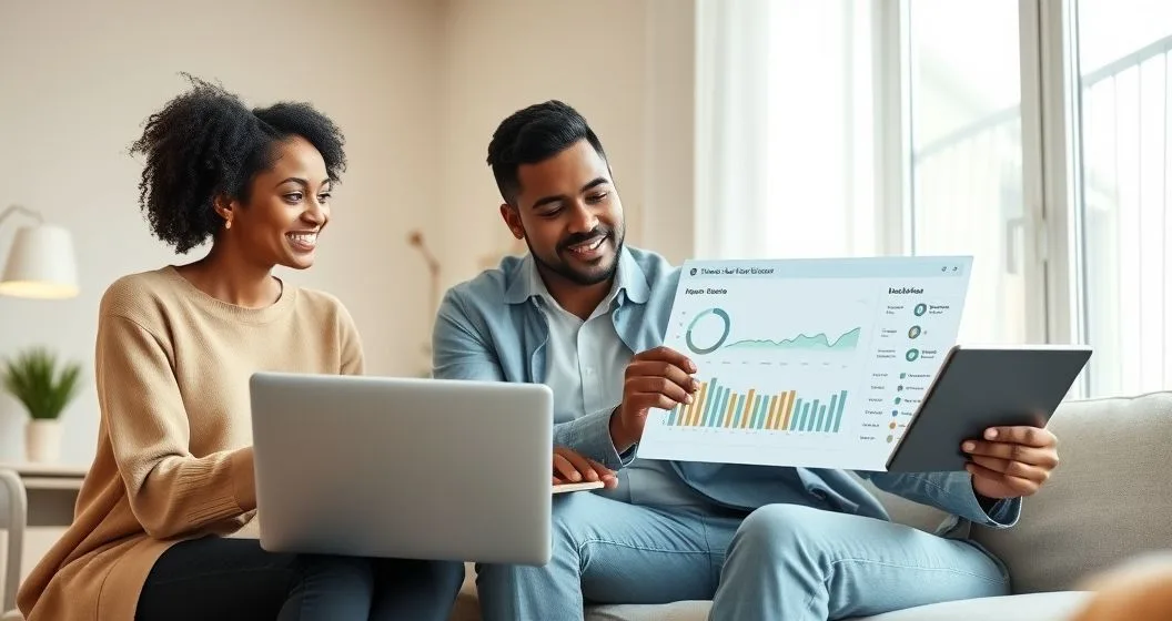 A diverse couple and a philanthropy advisor review charts on a tablet in a minimalist home office as they select impact indicators and take notes.