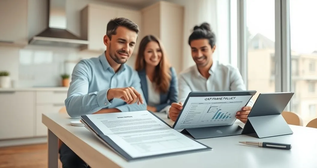 Financial advisor reviews insurance policy with a diverse couple at a modern kitchen table pointing to gaps on a tablet