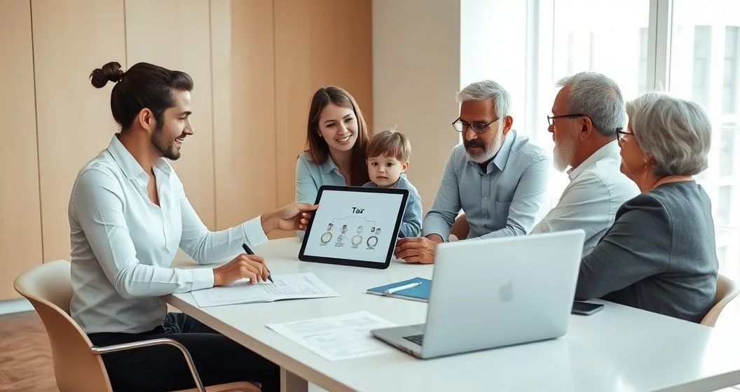 Tax advisor pointing to a tablet with a family diagram while a diverse family listens at a minimalist conference table in a modern office