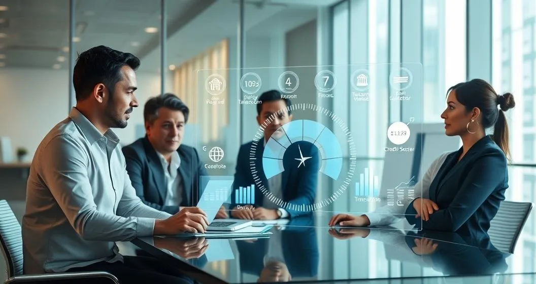 Team of professionals reviewing a holographic dashboard showing rent utility telecom and bank icons feeding a credit score gauge in a modern office