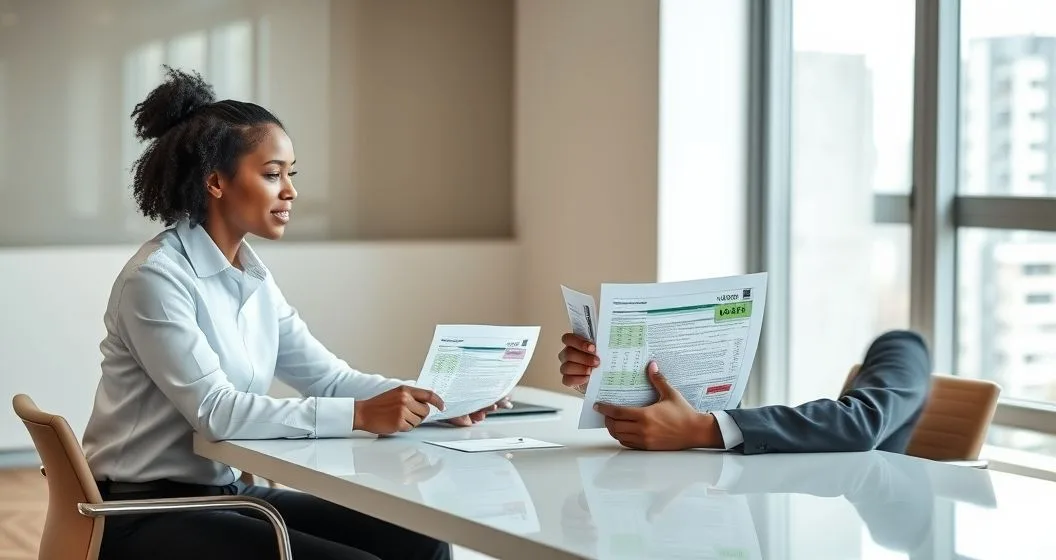Tax advisor and client reviewing an amended Form 1040‑X with highlighted figures and color coded slips indicating an increased refund and a balance due