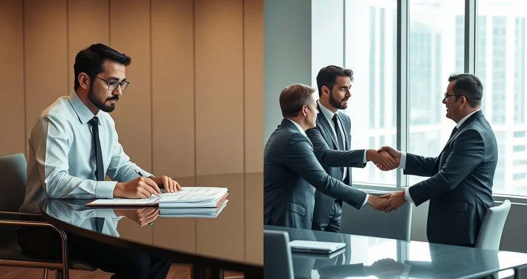 Split scene of an auditor examining tax documents and a taxpayer meeting an appeals officer in a modern conference room