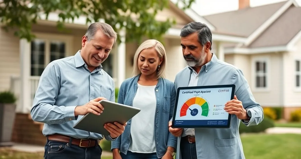 Appraiser and mortgage officer showing a tablet to homeowners outside a suburban house illustrating appraisal impact on loan terms