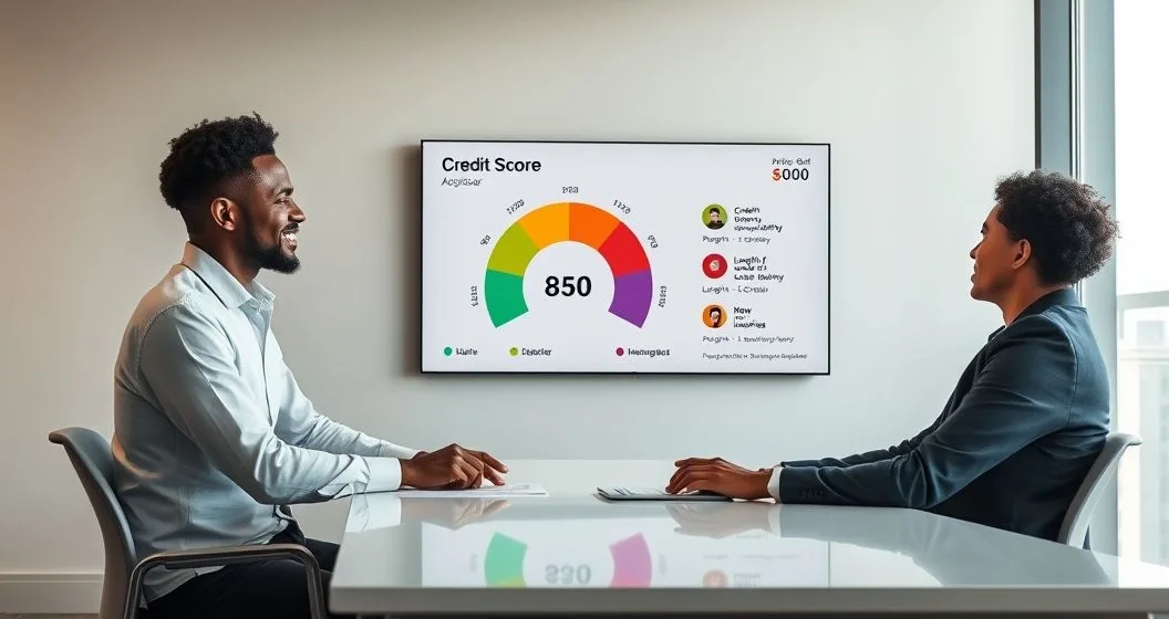 Advisor pointing to a circular credit score gauge showing range 300 to 850 with five factor icons while a client listens in a modern office