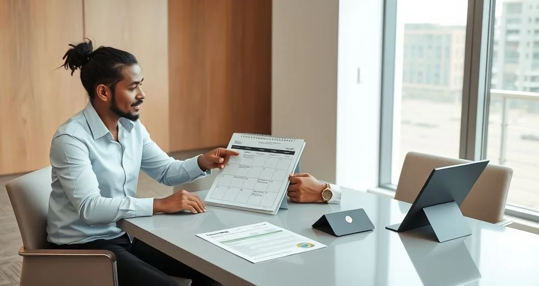 Tax advisor pointing at a calendar showing two highlighted dates while Form 4868 and a tablet with a pending refund icon sit on a conference table