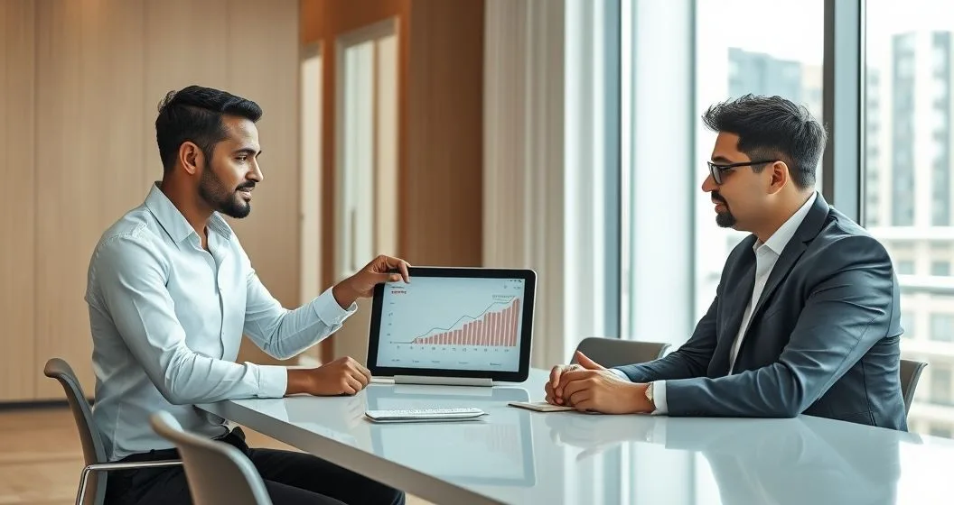 Loan officer showing borrower a tablet with a paused payment timeline and rising balance graph in a modern office