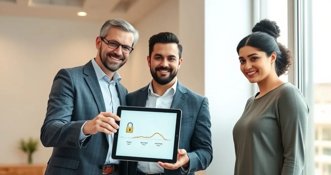 Mortgage advisor pointing at tablet timeline showing locked icon and steady bar changing to a wavy line gauge while a diverse couple listens in a modern office