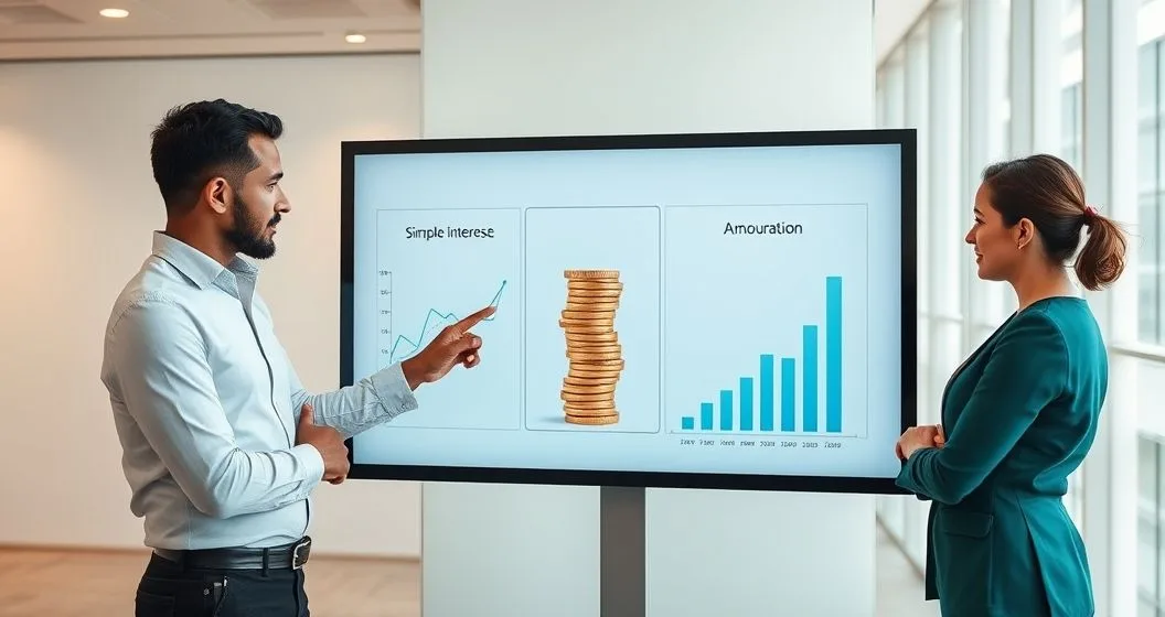 Advisor and two clients at a touchscreen showing three visuals representing simple interest flat line compound interest growing coin stack and amortization descending balance bars