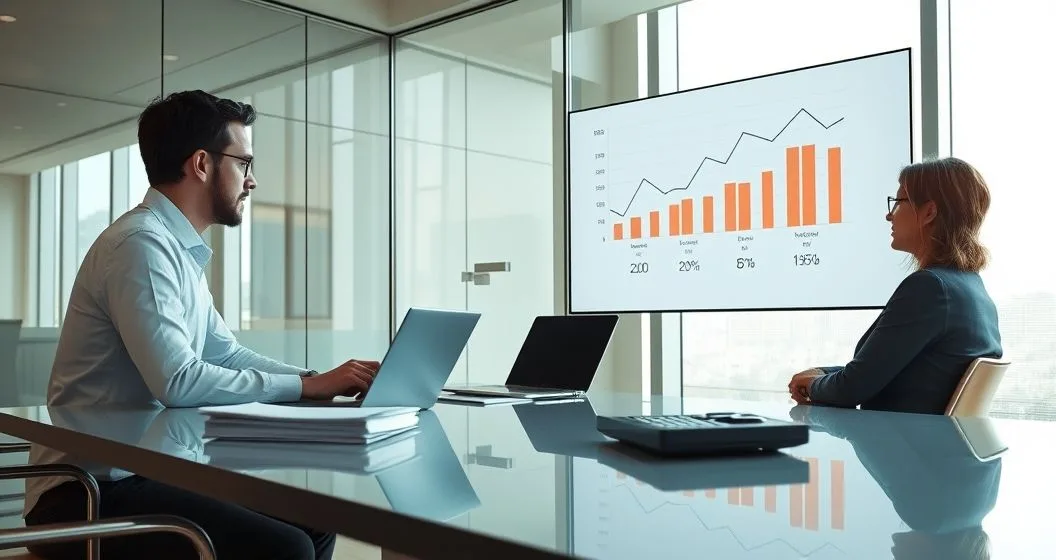 Analyst points to laptop and wall screen showing three diverging graphs and stacked balance meters while explaining compounding schedules to a client in a modern conference room