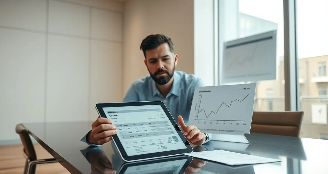 Two professionals reviewing a tablet with an amortization schedule, cash flow timeline, loan fee summary, and a chart contrasting nominal and effective interest rates.