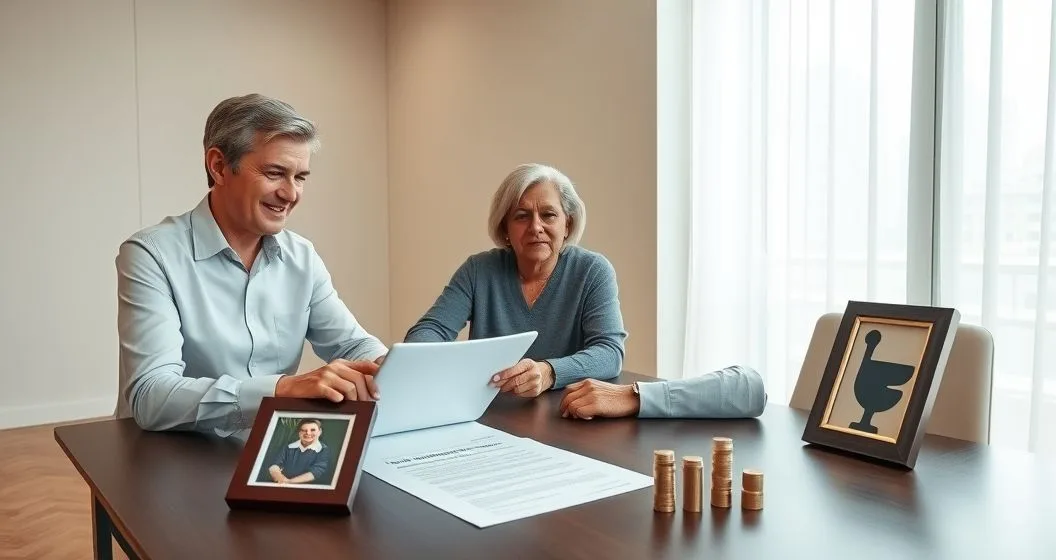 Financial advisor with an older couple at a conference table pointing to a tablet and documents that link a life insurance policy, family photo, and coins symbolizing cash value and estate planning