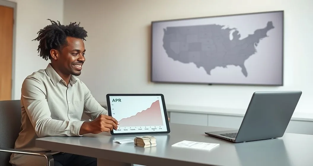 Loan officer points to a tablet with a steep APR graph while a concerned borrower sits across a desk with cash and a blurred receipt, a muted US map with highlighted states in the background.