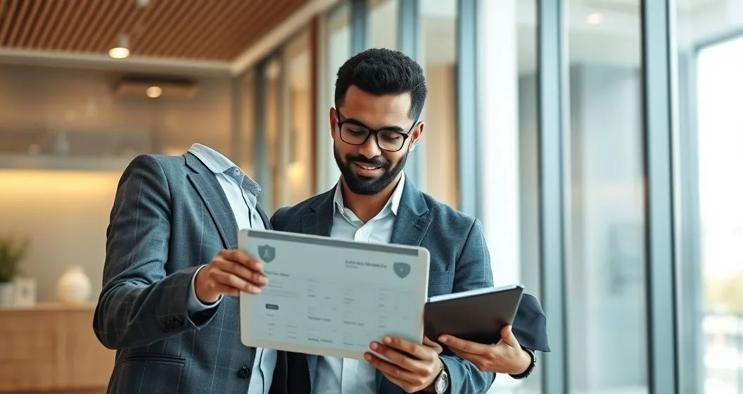 Borrower and loan officer review a tablet showing a soft credit check dashboard with a translucent shield in a modern lending office