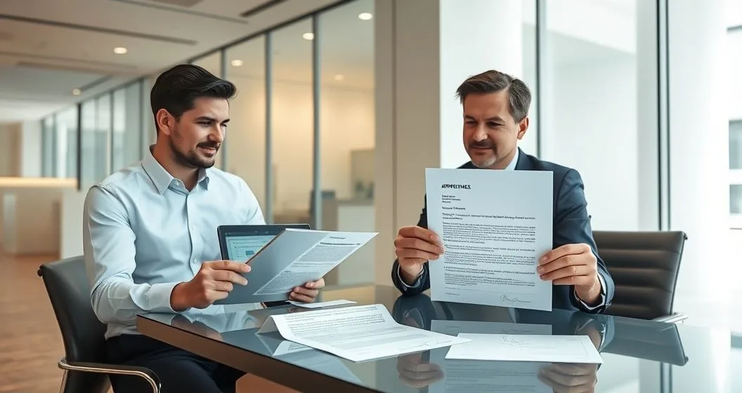 Loan officer and borrower compare a tablet showing a prequalification estimate and a printed preapproval letter stamped approved on a conference table