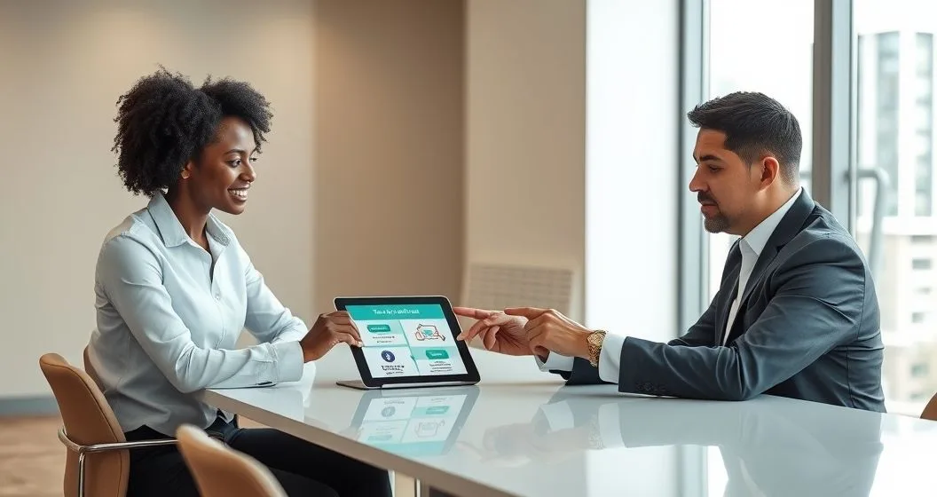 Tax advisor showing a taxpayer a tablet illustrating a refund divided and diverted to icons symbolizing unpaid federal tax student loan child support and state tax debts