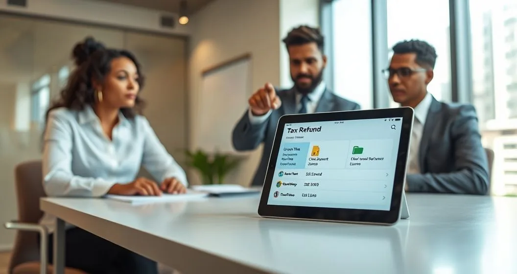Financial advisor points to tablet showing tax refund being applied to folders labeled Unpaid Taxes Child Support Student Loans in a modern office