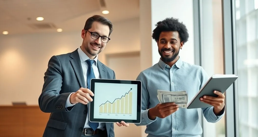 Financial advisor points to a tablet with a rising credit graph while a diverse renter holds rent and utility bills in a minimalist office
