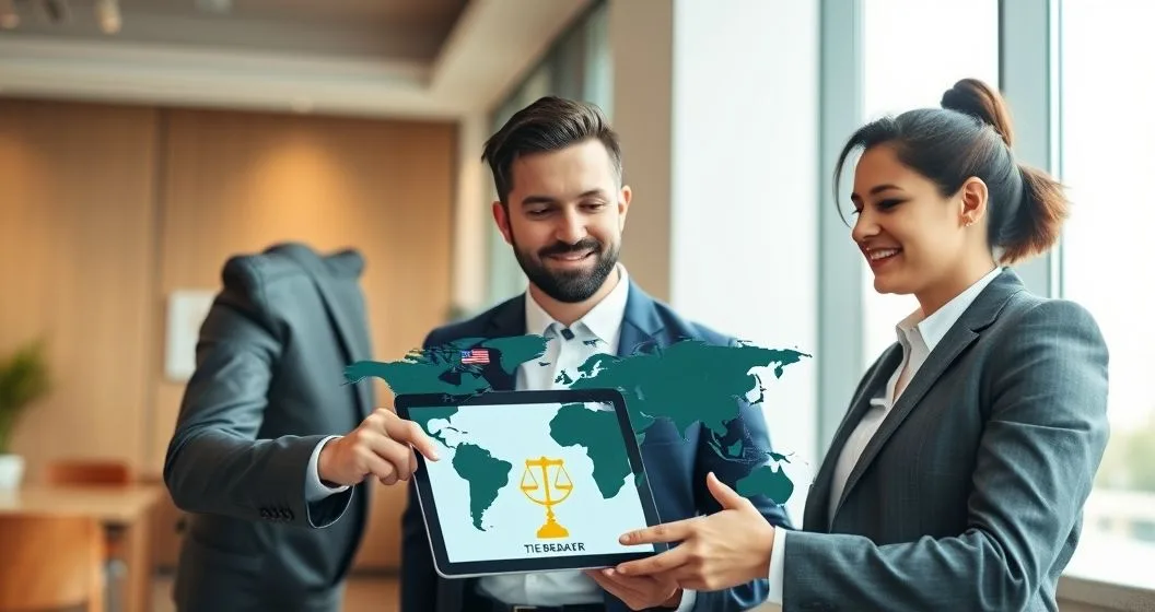 Tax advisor and client review a tablet with a world map showing arrows between two countries and a scale symbolizing treaty tie breaker and reduced double taxation.