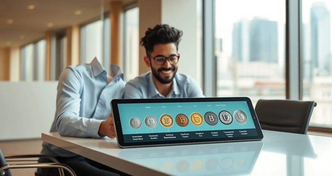HR advisor and employee review a tablet showing a vesting timeline where employer contribution coins transition from translucent to solid indicating vesting milestones