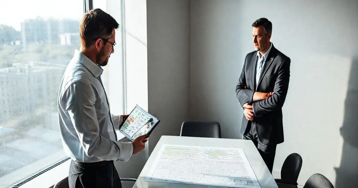Mortgage officer, property owner, and appraiser at a conference table reviewing a digital zoning map on a tablet and a printed site plan with the appraiser pointing to colored zoning areas