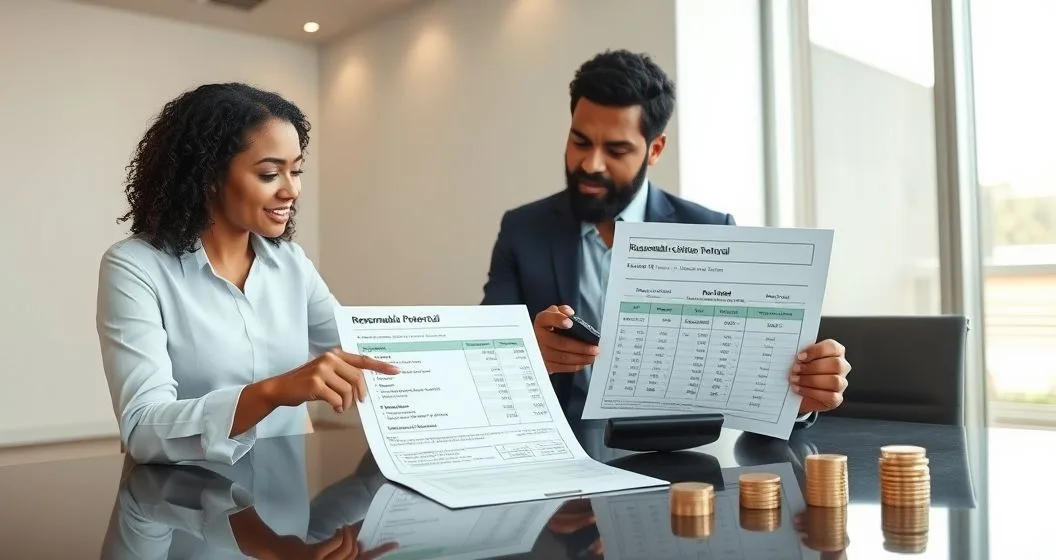 Tax advisor pointing at a tablet showing asset equity and future income with a client using a calculator and coins on the table illustrating valuation