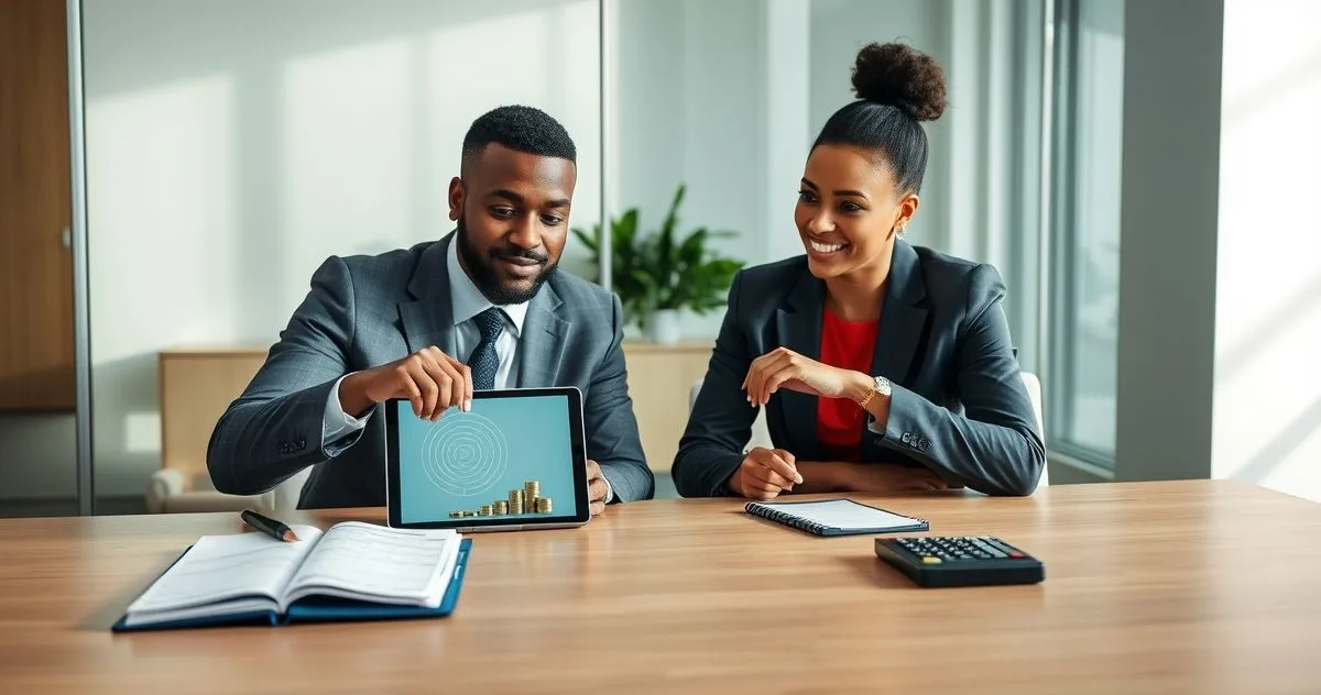 Tax advisor and client reviewing a tablet showing concentric rings representing daily compounding interest beside a calendar and calculator in a modern office