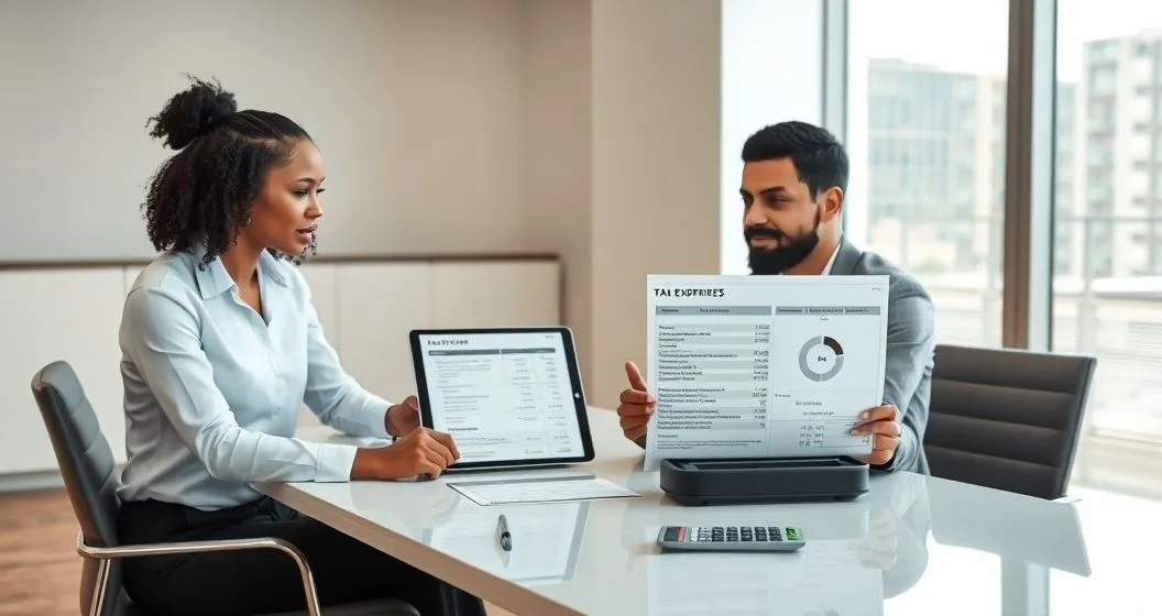 Tax advisor and client reviewing a breakdown of monthly living expenses on a tablet to calculate disposable income