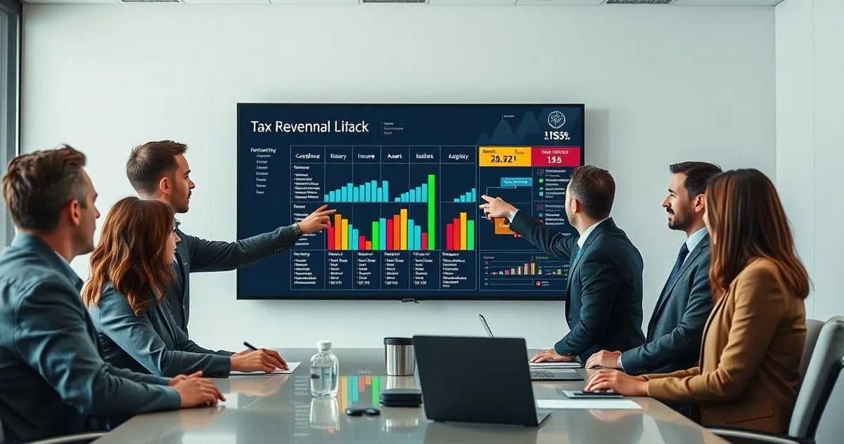 Diverse IRS officers and analysts reviewing a color coded digital dashboard showing prioritized tax collection cases