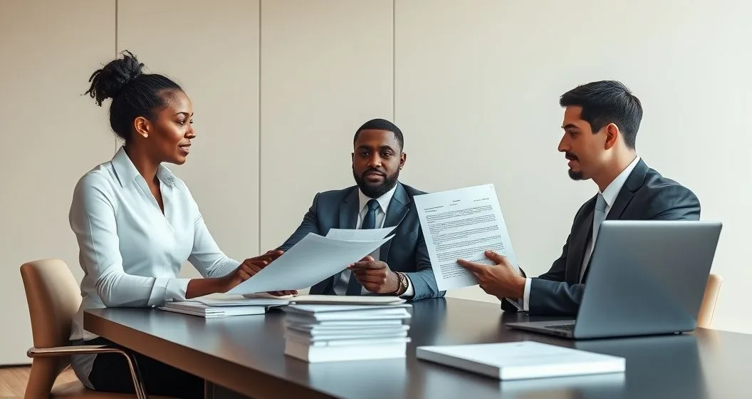 Tax attorney and client reviewing an appeals packet in a modern conference room with an assistant preparing a sealed envelope