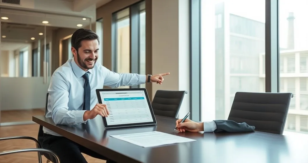 Tax advisor and client reviewing a repayment schedule on a tablet while the client signs an installment agreement in a modern office