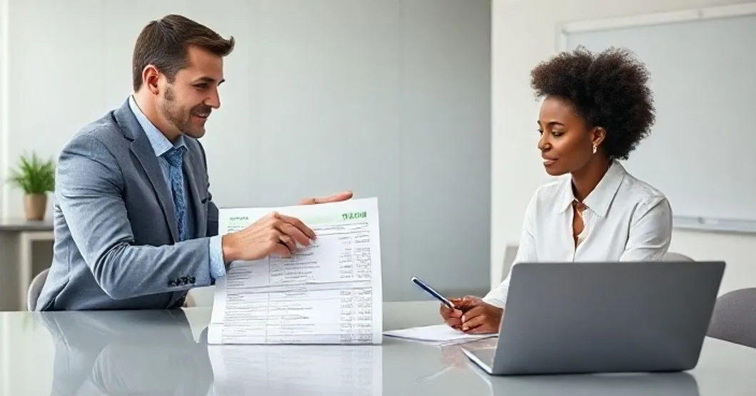HR professional pointing at a pay stub on a conference table while an employee listens and takes notes