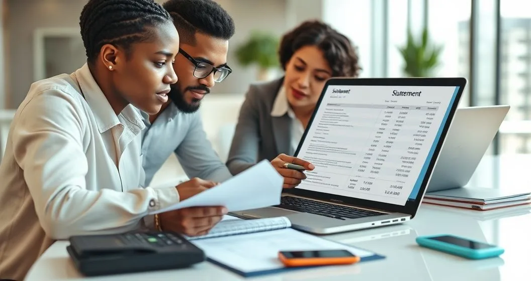 Finance professional at a tidy desk comparing a printed bank statement to a laptop while marking transactions with a pen and highlighter and a colleague looks on.