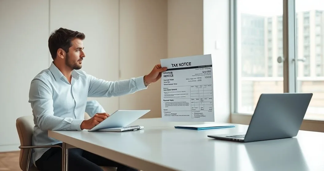 Tax advisor points to an official looking tax notice as client notes a circled deadline on a laptop calendar