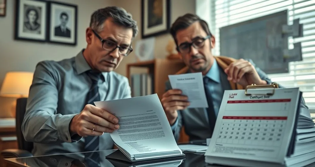A worried borrower at a desk faces a slick lender offering cash and a small contract with blurred fine print, a calendar and overdue notices in shallow focus