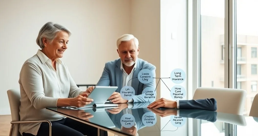 Financial advisor with an older couple reviewing a tablet that shows icons linking multiple funding sources to home care and assisted living