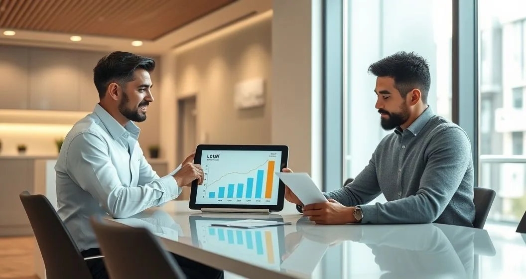 Mortgage advisor and homeowner at a minimalist conference table reviewing a tablet showing a falling interest chart and cash out icon