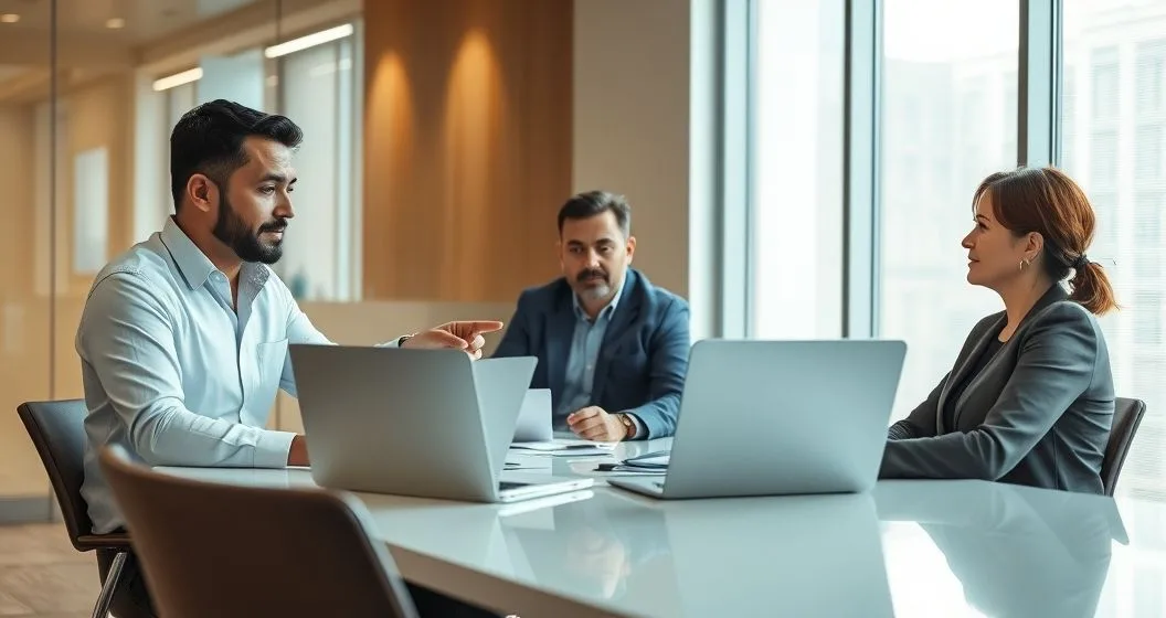 Three diverse professionals at a conference table in a modern office with a laptop and organized folders as one points to a blurred workflow illustrating tax processing and guidance