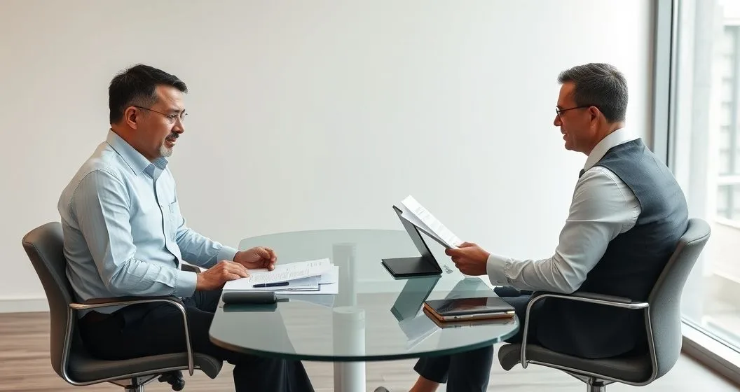 Taxpayer and representative meet with an IRS Appeals officer across a conference table reviewing documents and evidence