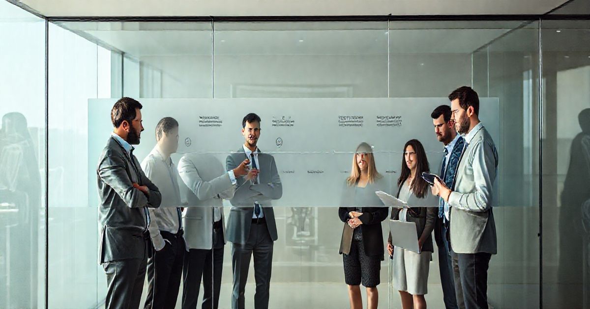 Diverse tax professionals and a client review a timeline of an IRS case on a glass wall in a modern conference room