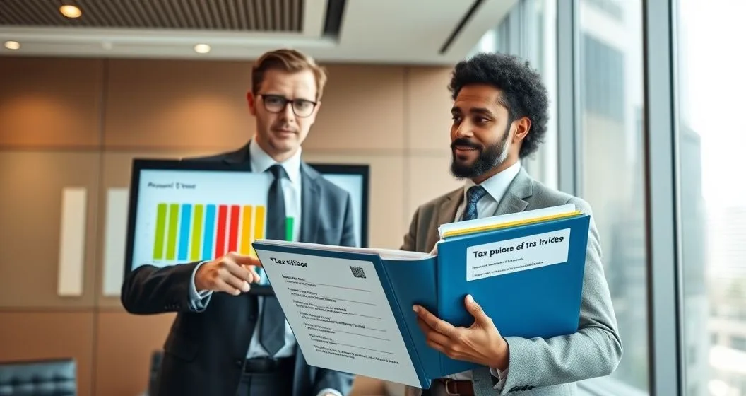 Tax advisor and client reviewing a touchscreen with color coded priority bars while client holds a folder with colored tabs representing different collection factors