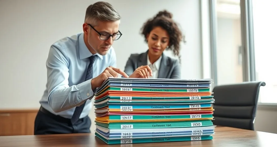 Tax advisor and client at a table with color coded tax year folders and a payment token being moved toward the oldest folder to show oldest first allocation