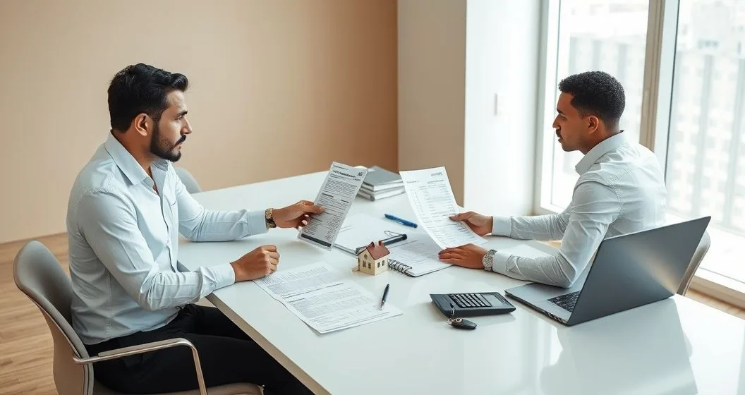 Tax professional and taxpayer reviewing income documents receipts asset summaries and bills across a conference table in a modern office