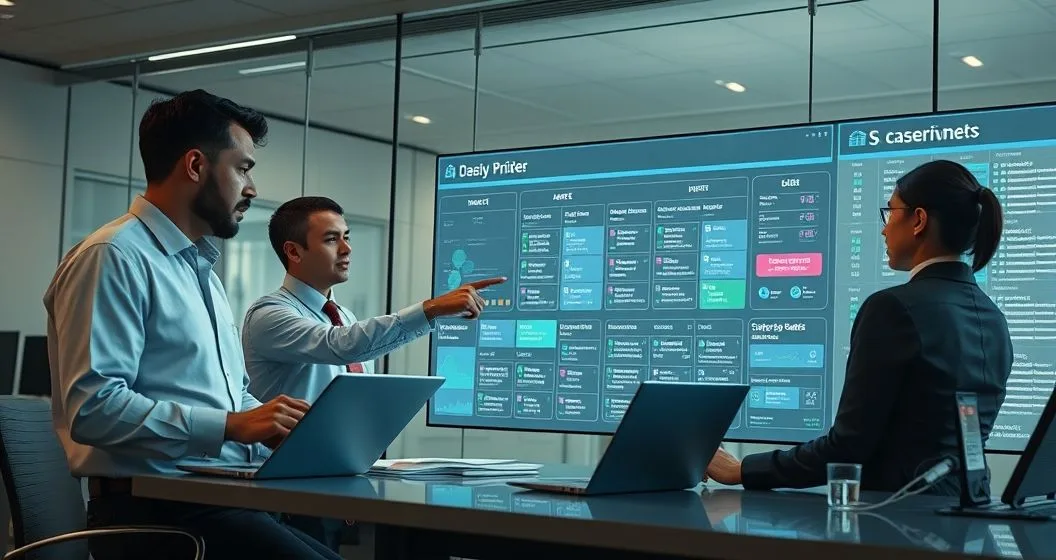 IRS specialists around a digital dashboard showing color coded case queues as one points to urgent items