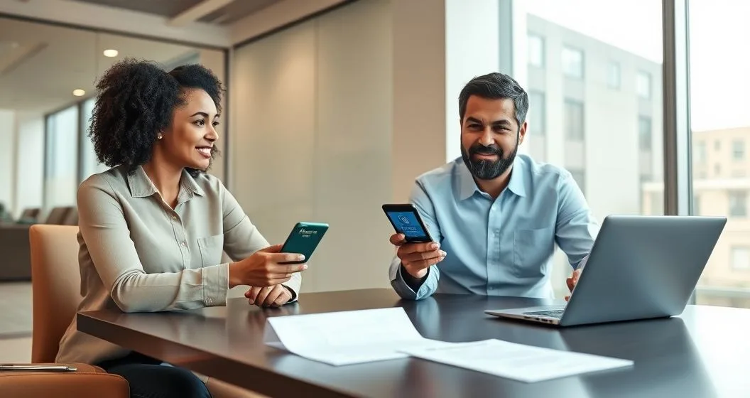 A tax professional guides a taxpayer through identity verification using a smartphone an official looking envelope and an ID on a minimalist office table