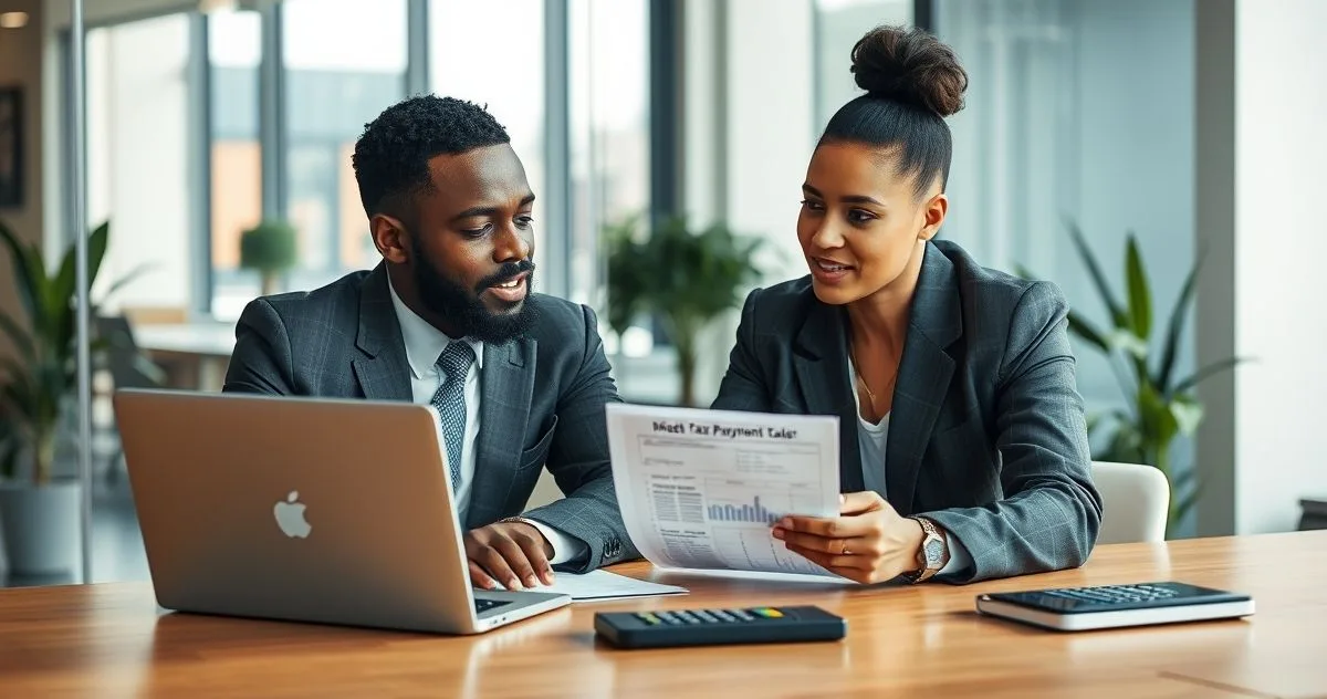 Tax advisor and client in a modern office reviewing a printed tax notice and a calendar with a circled deadline while the advisor points to the date