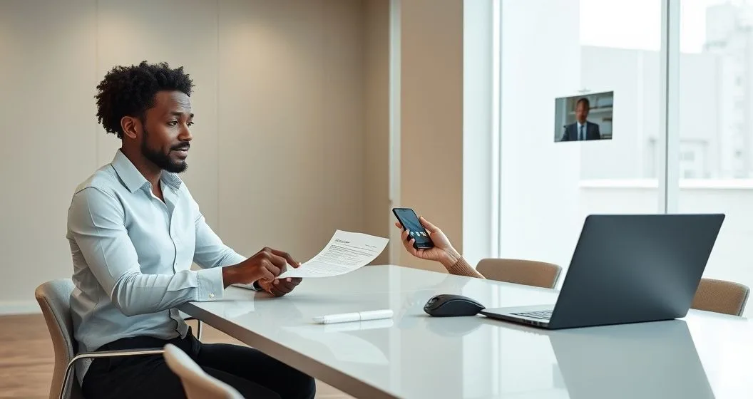 A taxpayer reviews a formal letter with a tax advisor while calling a government representative on a laptop to discuss a refund offset