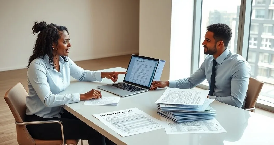 Tax advisor showing client transcript request options on a laptop with Form 4506 T and color coded transcript summaries on a conference table