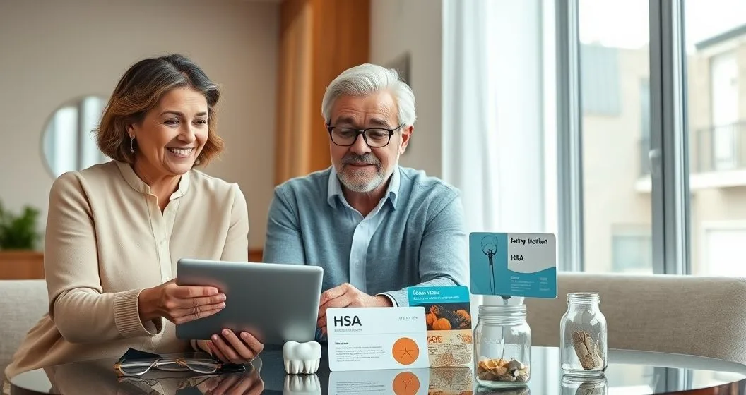 Financial advisor meeting with a mature couple at a conference table reviewing a tablet and items representing dental vision medications insurance HSA and savings to cover healthcare gaps before retirement