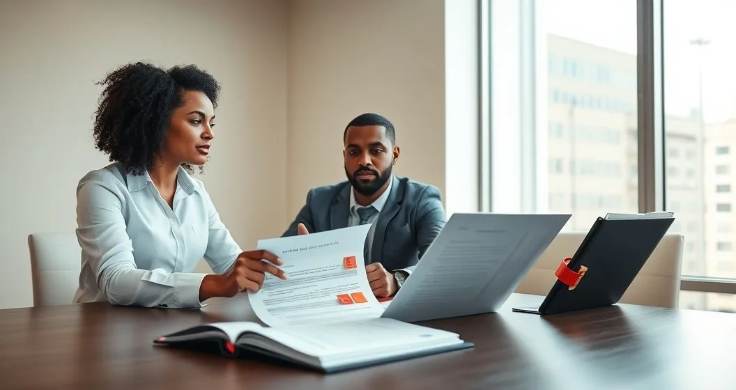 Advisor and client review a blurred credit report with red flag sticky notes at a minimalist conference table
